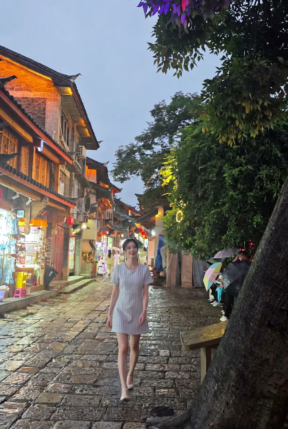 Evening stroll on a rain-wet old-town street