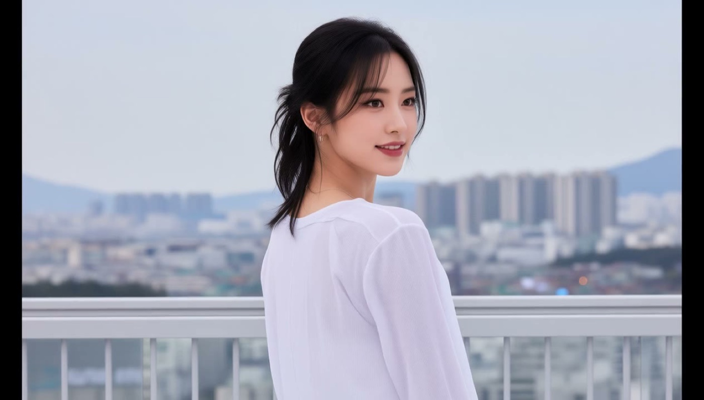 Over-shoulder glance on a hazy city balcony