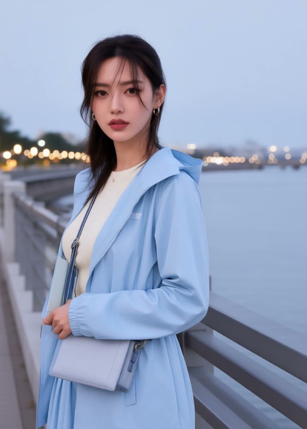 Blue-hour waterfront portrait, hooded windbreaker