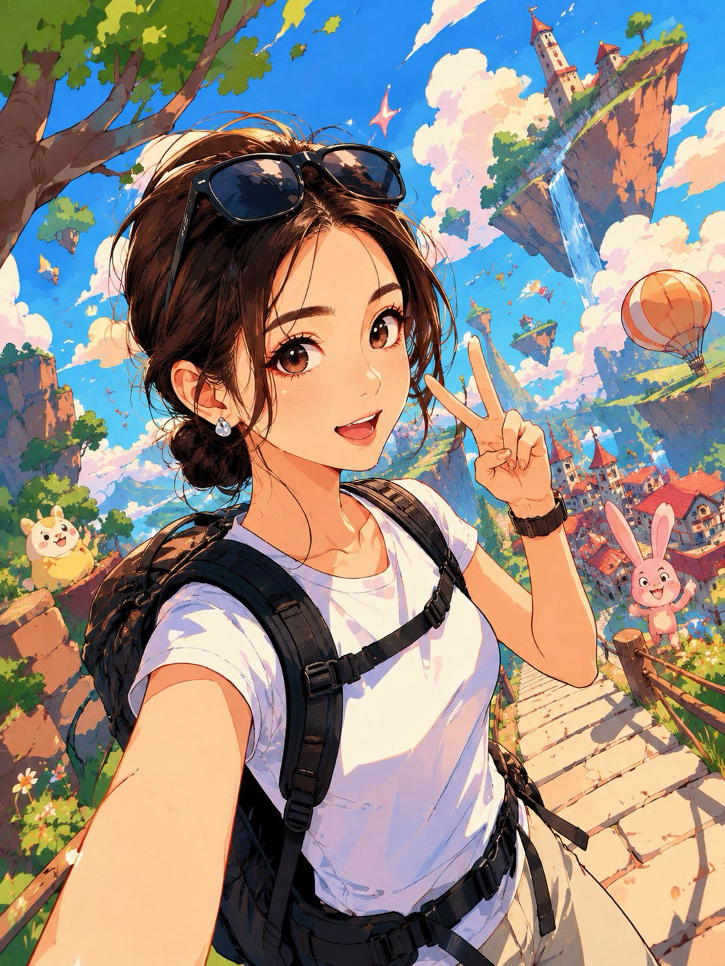 Anime Hiking Selfie on Floating-Island Stairs