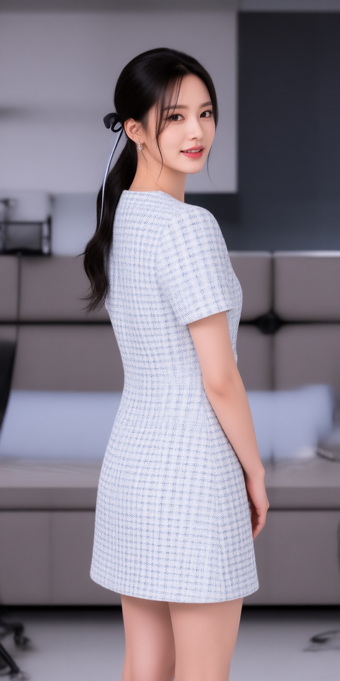 Over-shoulder tweed mini dress portrait