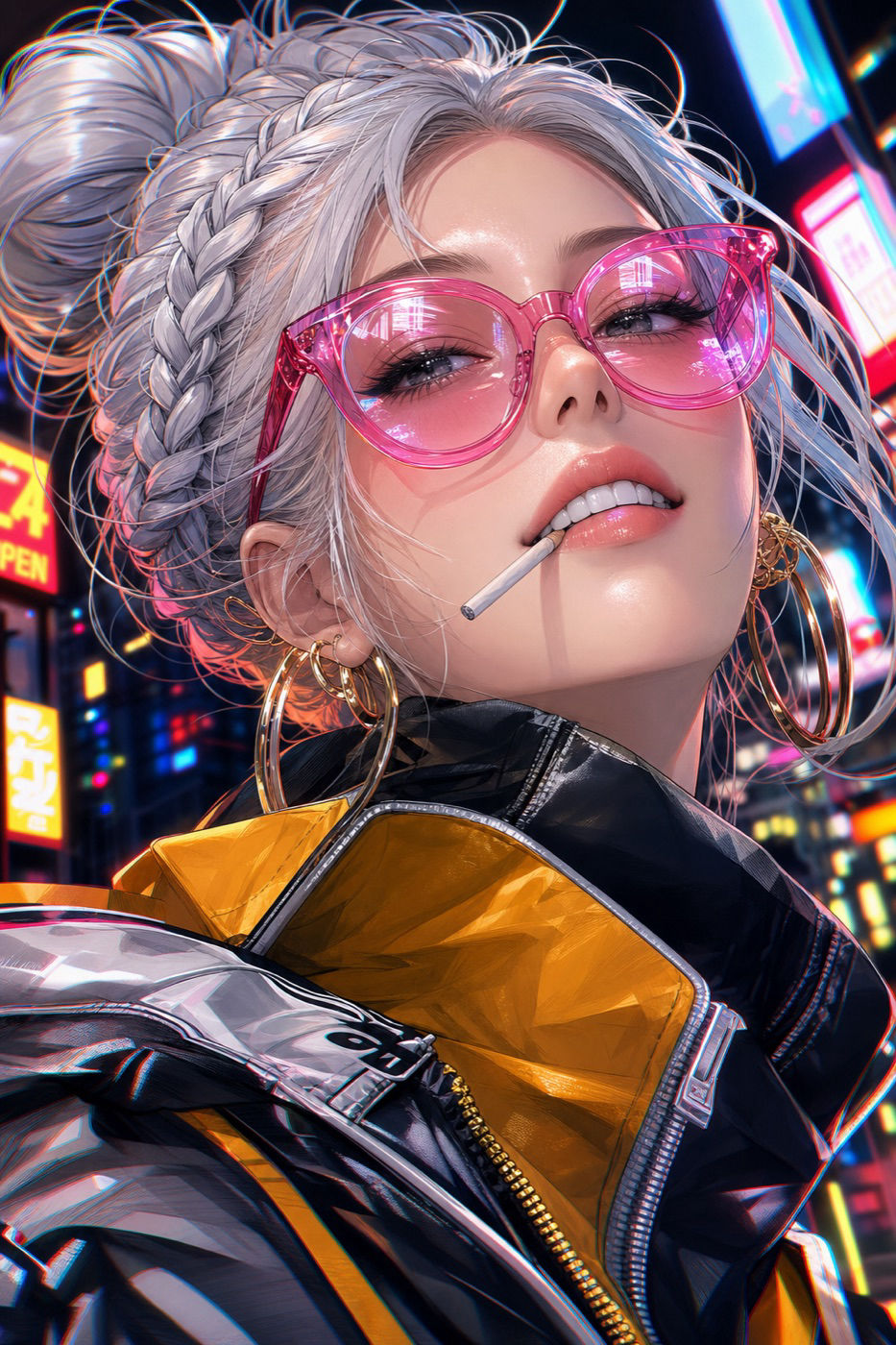 Neon Twin-Bun Portrait with Pink Glasses