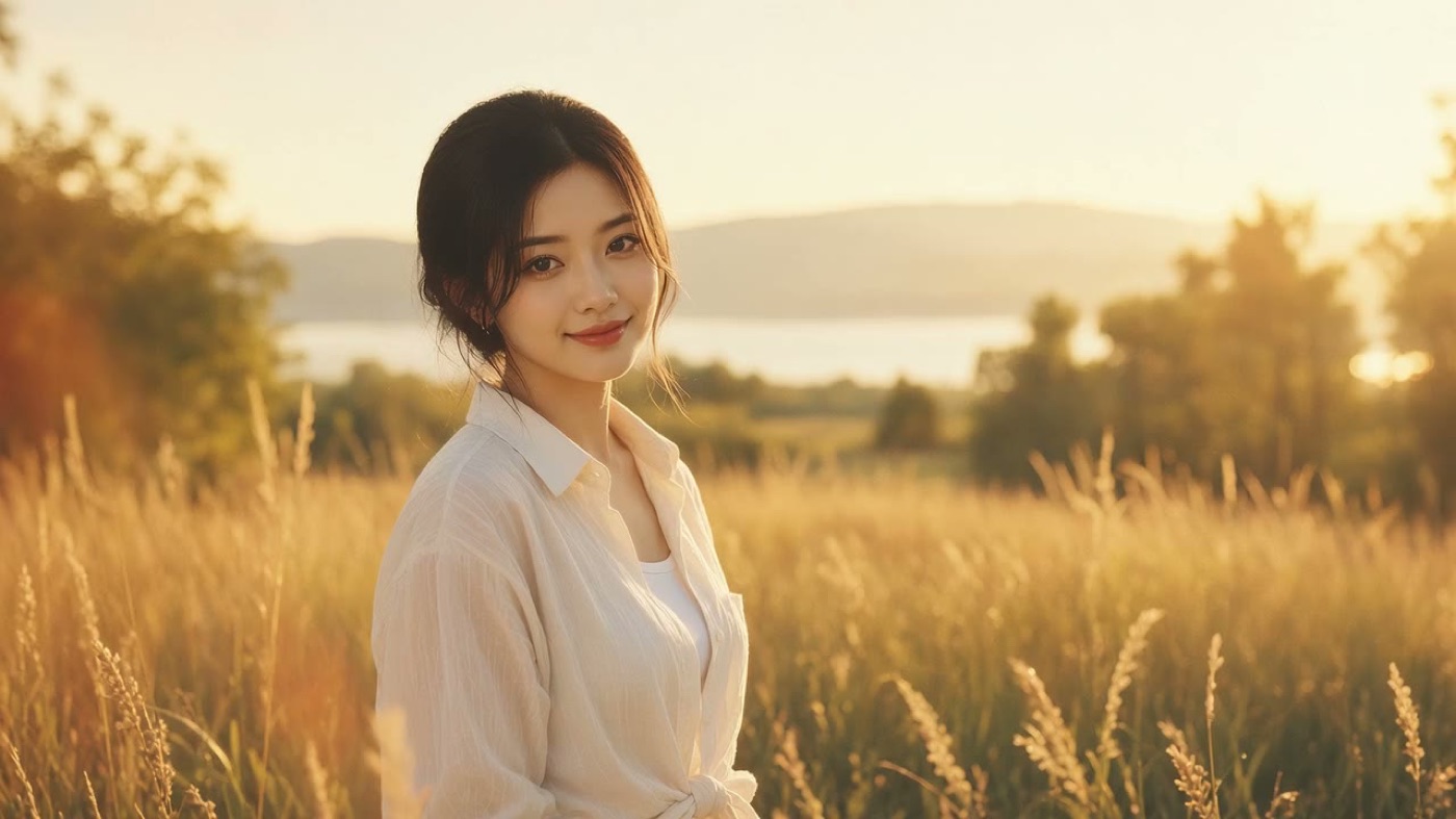 Golden-hour meadow portrait, gentle wind and warm smile