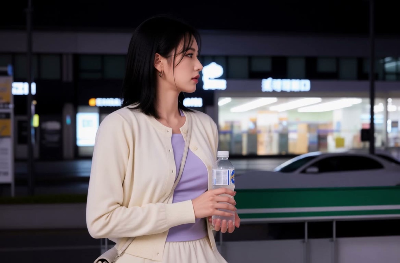 Night convenience-store sidewalk, woman holding a water bottle