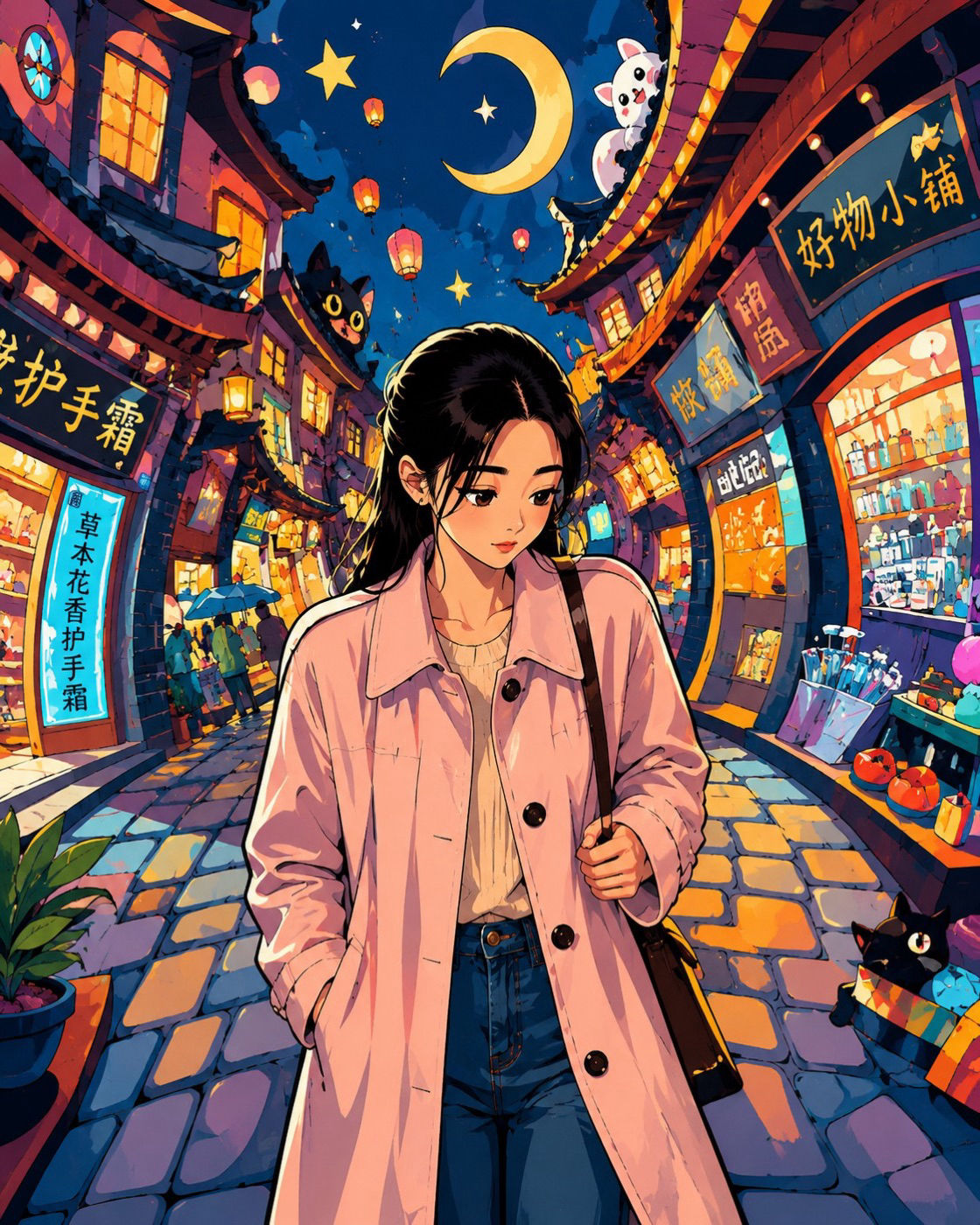 Night Market Walk Under Crescent Moon