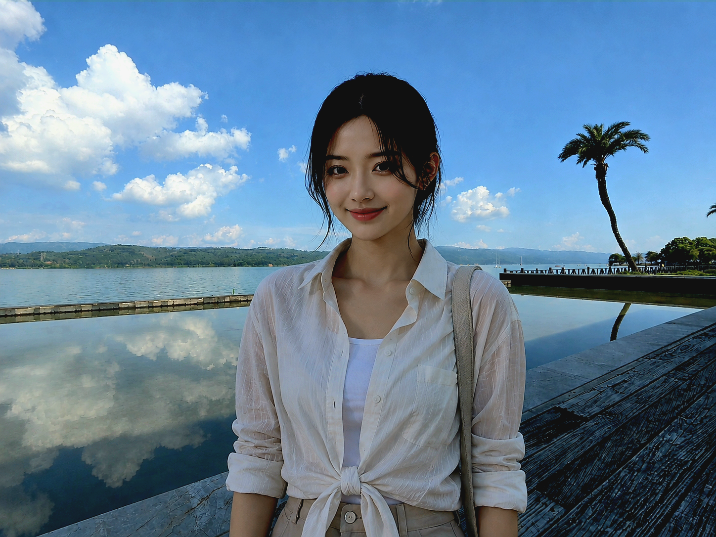 Lakeside resort portrait of a young East Asian woman in a tied cream shirt